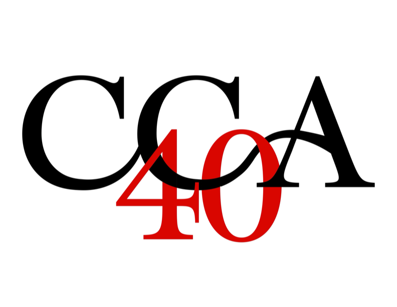 CCA 40th anniversary logo. Features the letters CCA with a red number 40 looping through them